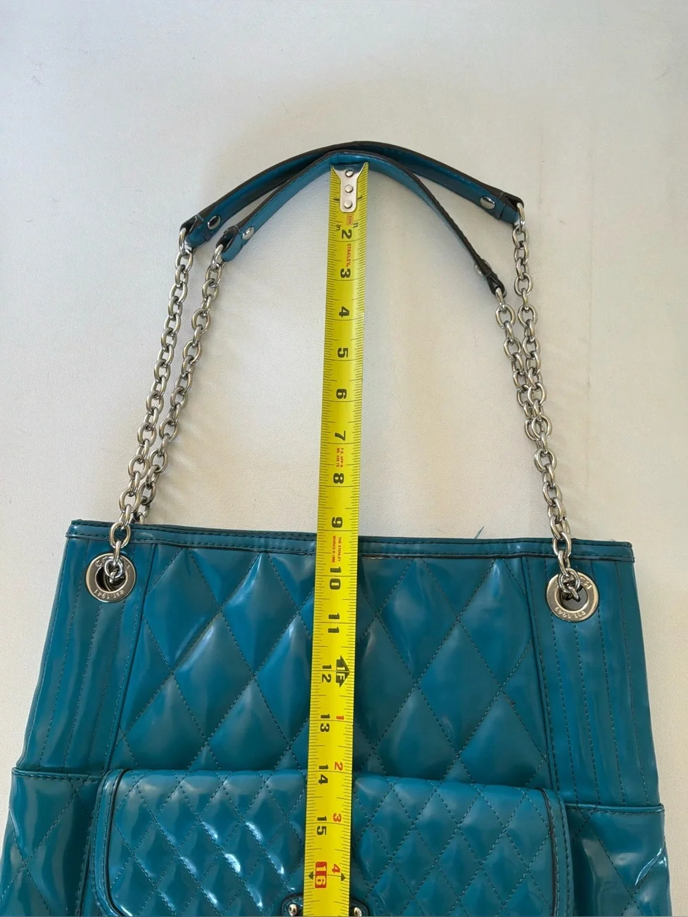 Coach Ashley Teal Patent Leather Quilted Tote Shoulder Bag Chain Strap Large
